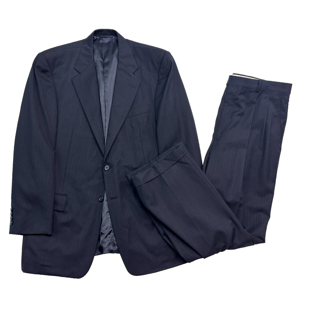 vtg Hickey Freeman 41R 42R 36x30 Navy Blue Stripe 2pc Pant Suit USA Flannel Wool